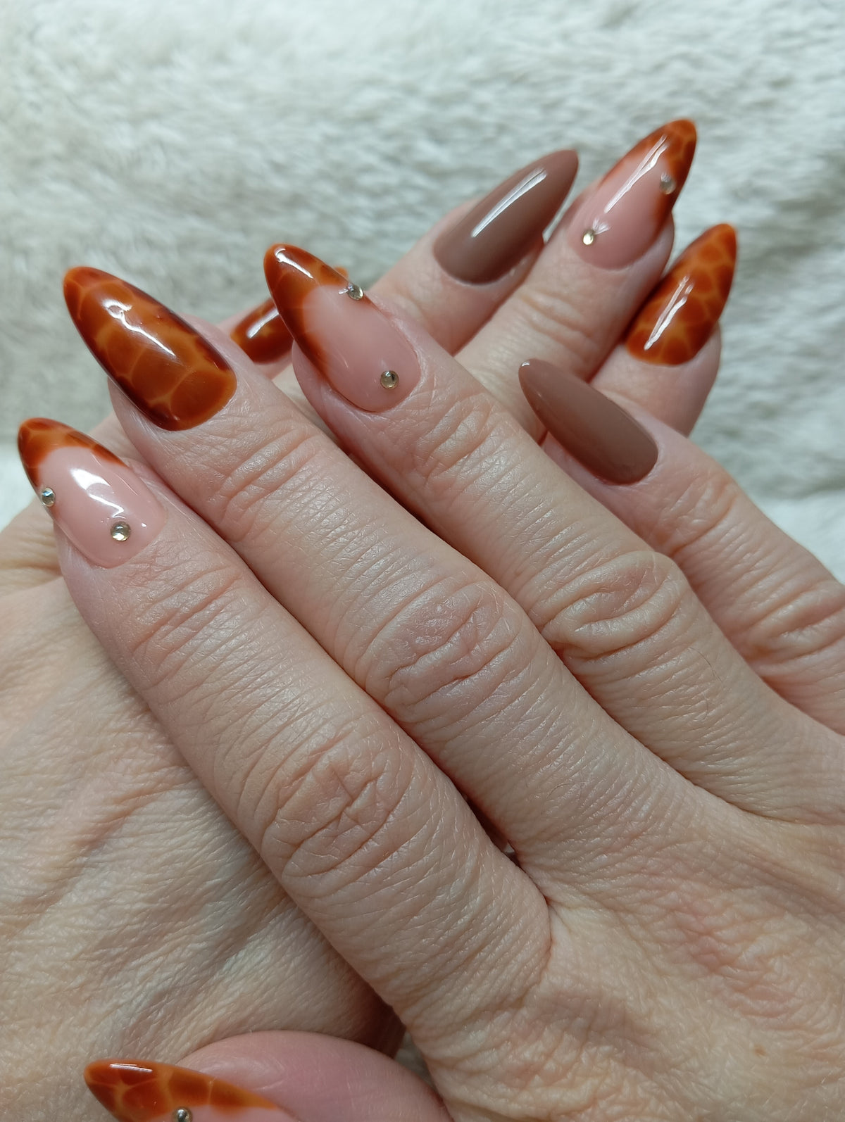 Ensemble de press-on nails Ambre Sauvage présenté sur le support Glowx Nails
