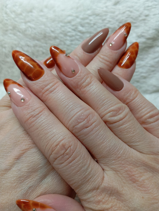 Ensemble de press-on nails Ambre Sauvage présenté sur le support Glowx Nails